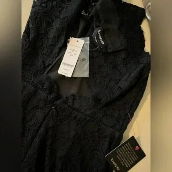 NWT Bebe Lace Romper Open Back High Mock Neck Sweetheart Underlay - Picture 4 of 7